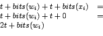 \begin{displaymath}\begin{array}{ll} t + bits(w_i) + t + bits(x_i) & =   t + bits(w_i) + t + 0 & =   2t + bits(w_i) & \end{array}\end{displaymath}